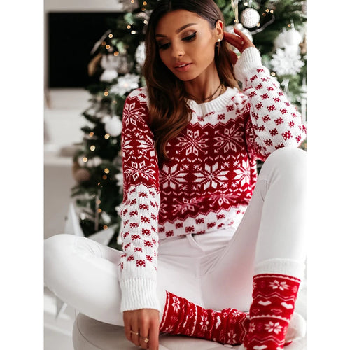 Women Sweater Christmas Snowflake Knitted Long Sleeve