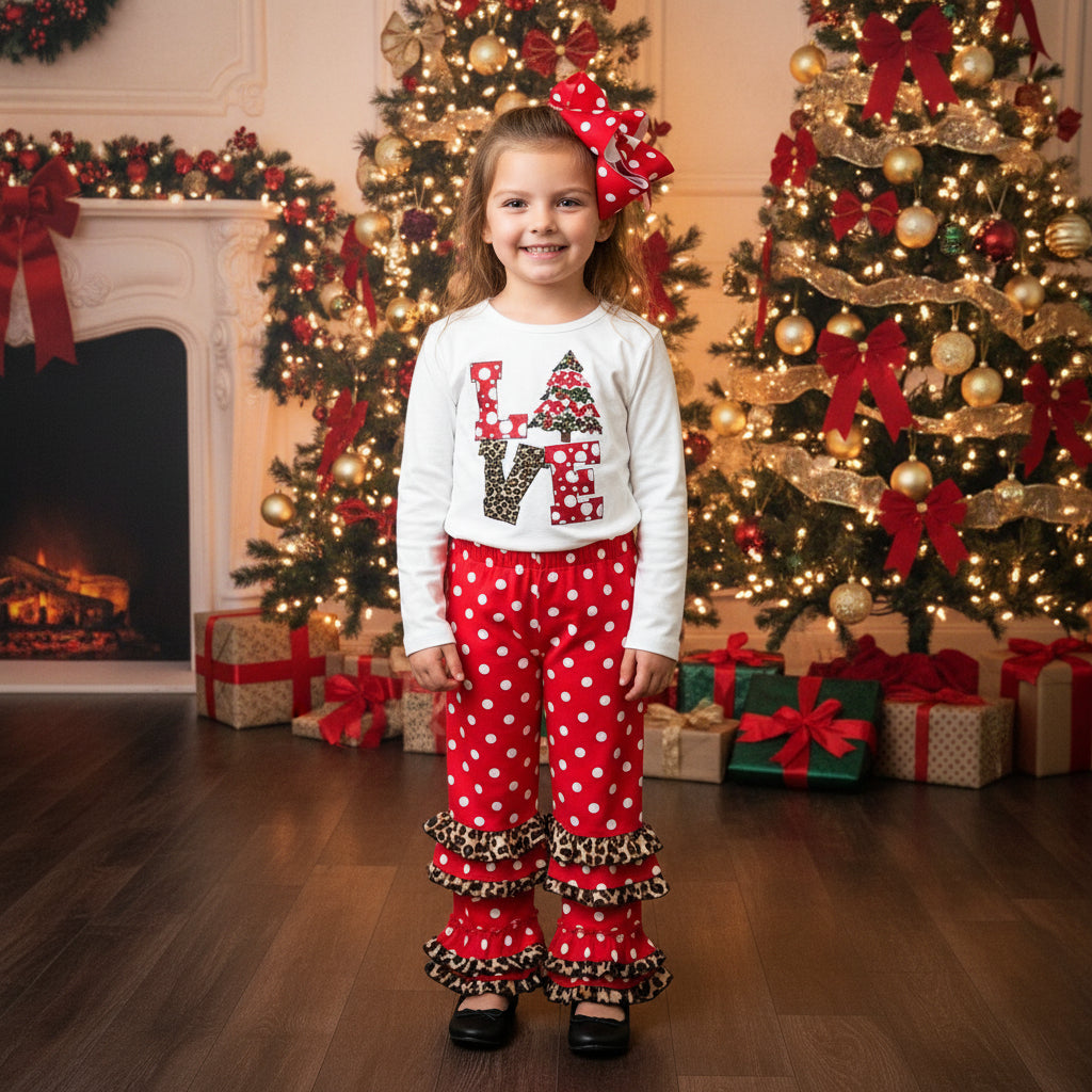 Girls LOVE Christmas Top & Red Polka Dot Ruffle Pants Set