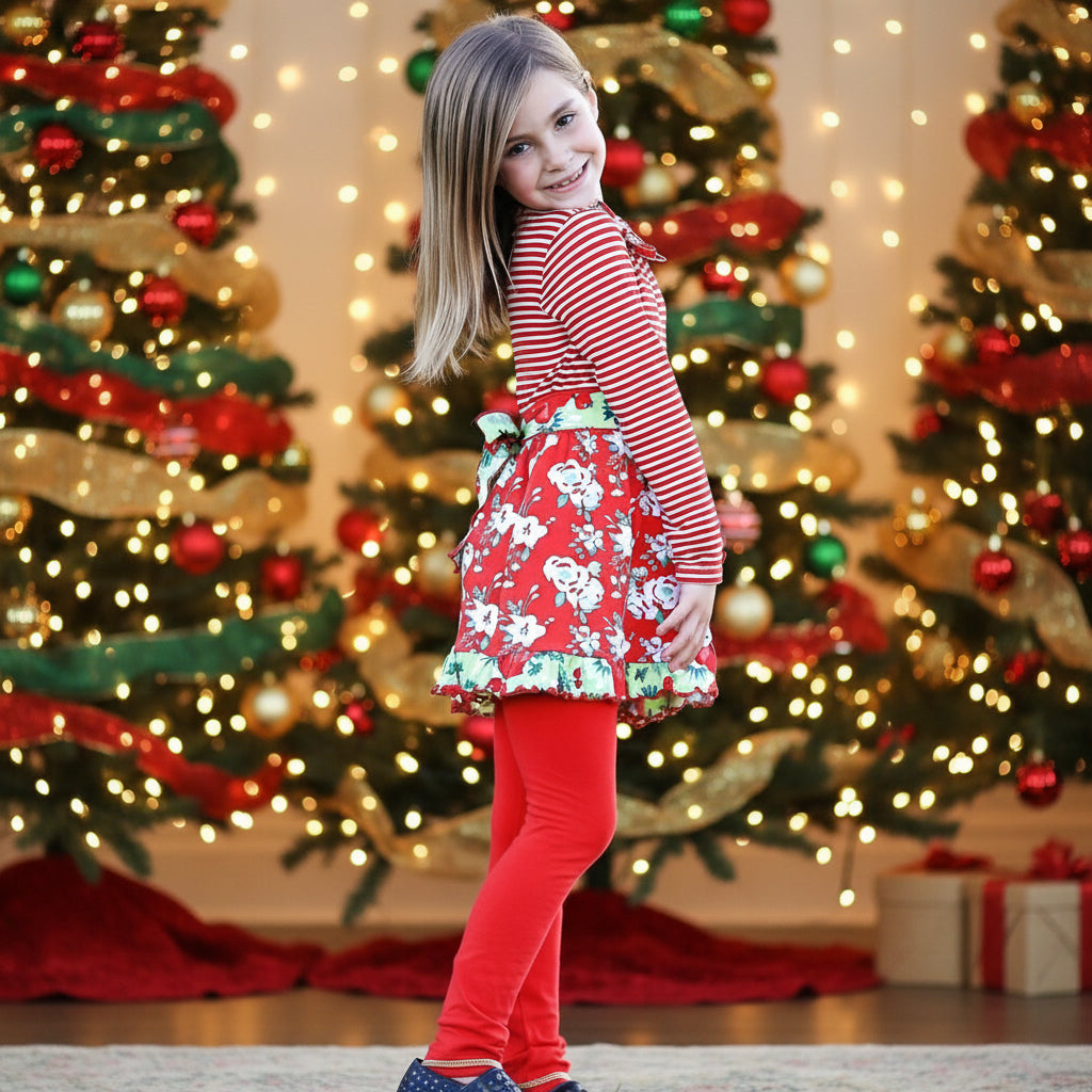AnnLorenGirls Boutique Red Christmas Floral Holiday Dress Legging Set