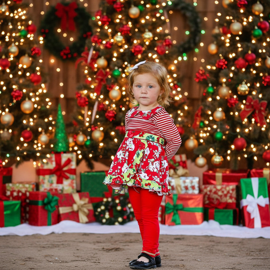 AnnLorenGirls Boutique Red Christmas Floral Holiday Dress Legging Set