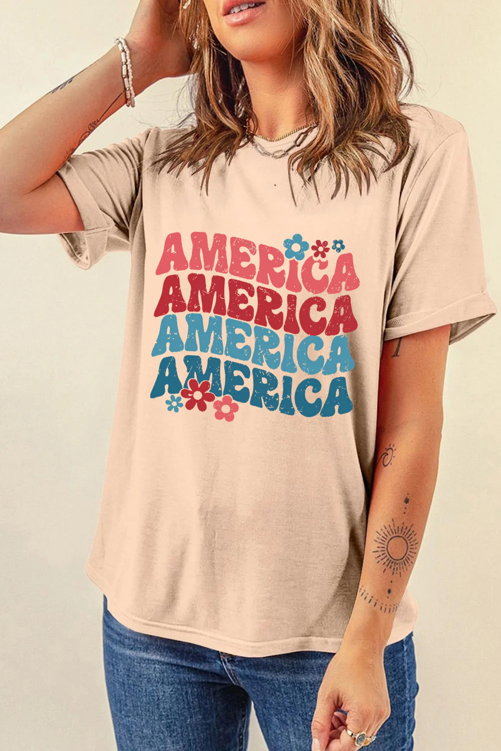 AMERICA round Neck Short Sleeve T-Shirt