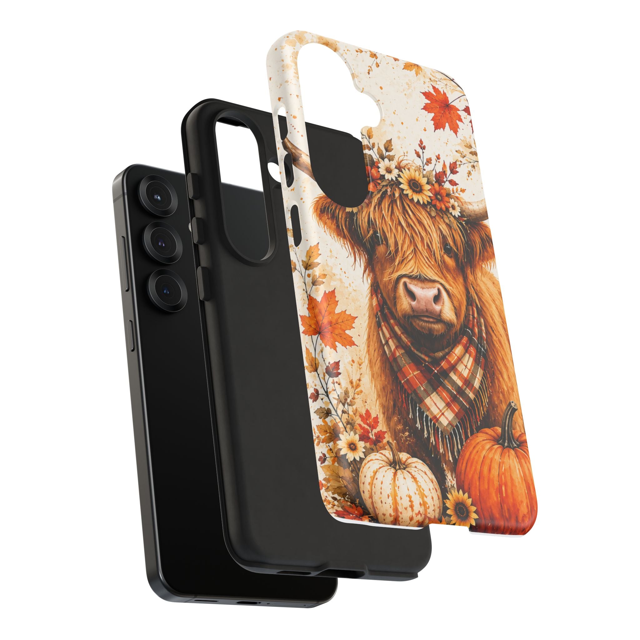 Autumn Highland Cow Phone Case — Fall Pumpkin & Sunflower Tough Case