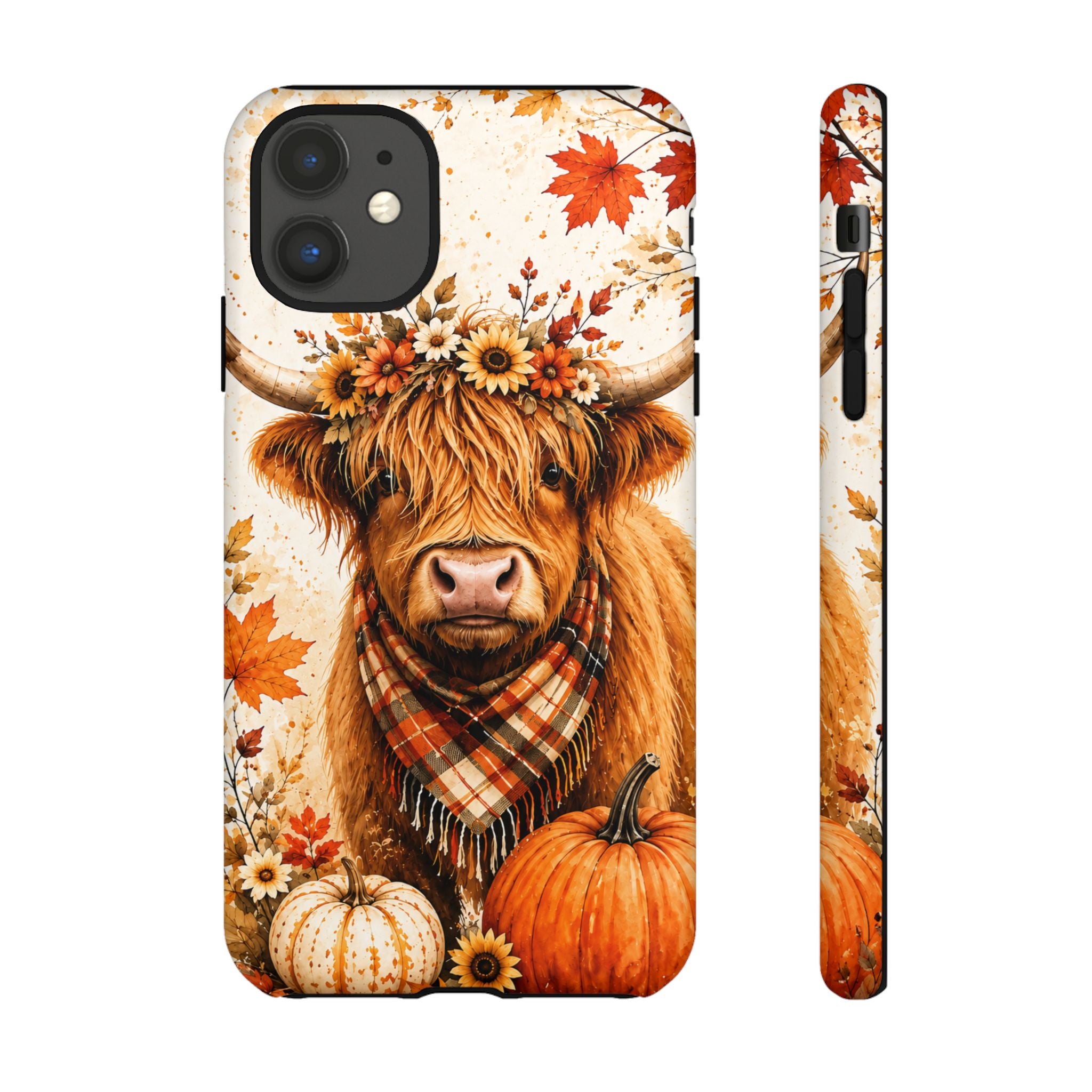 Autumn Highland Cow Phone Case — Fall Pumpkin & Sunflower Tough Case
