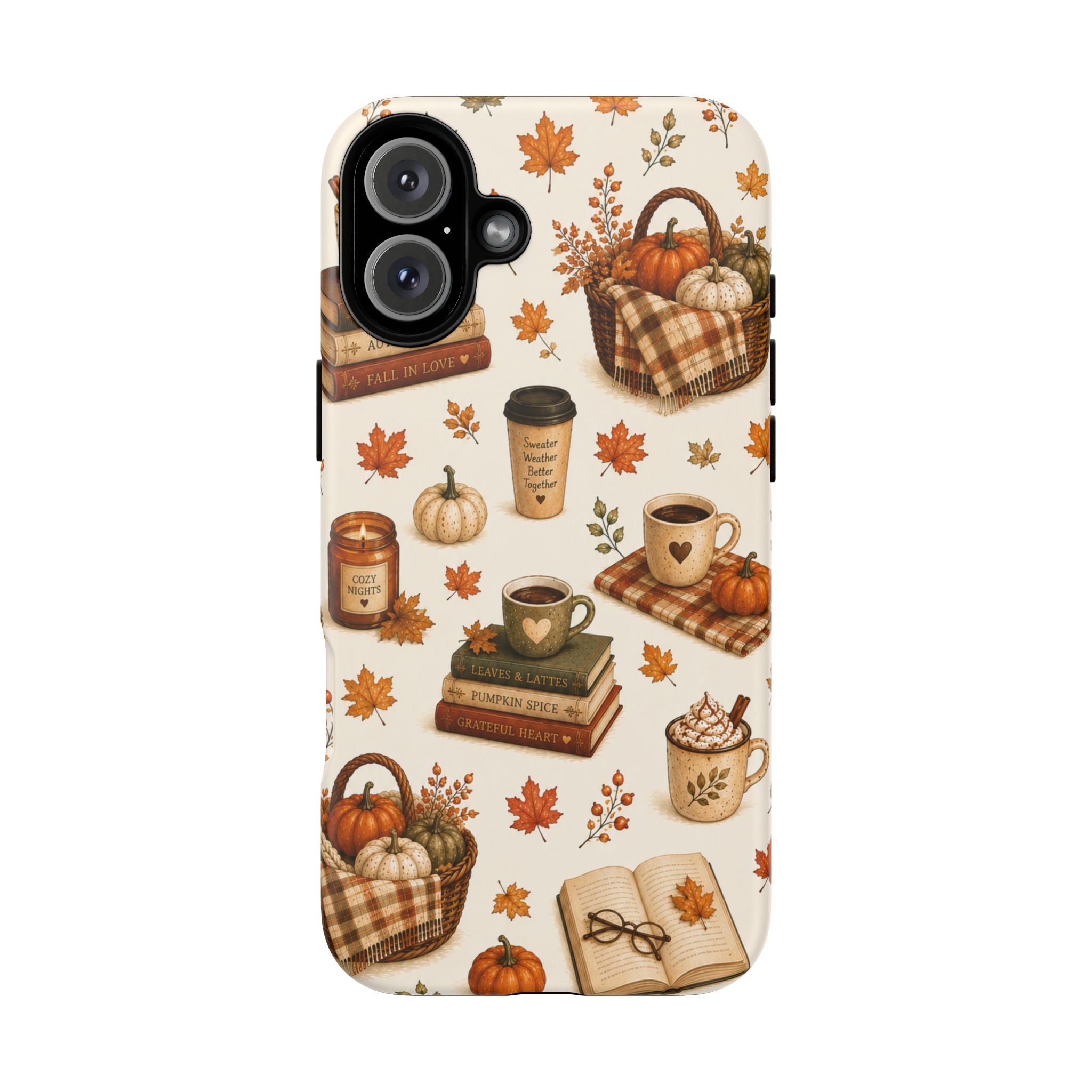 Autumn Cozy Phone Case — Fall Pumpkins, Coffee & Books Pattern
