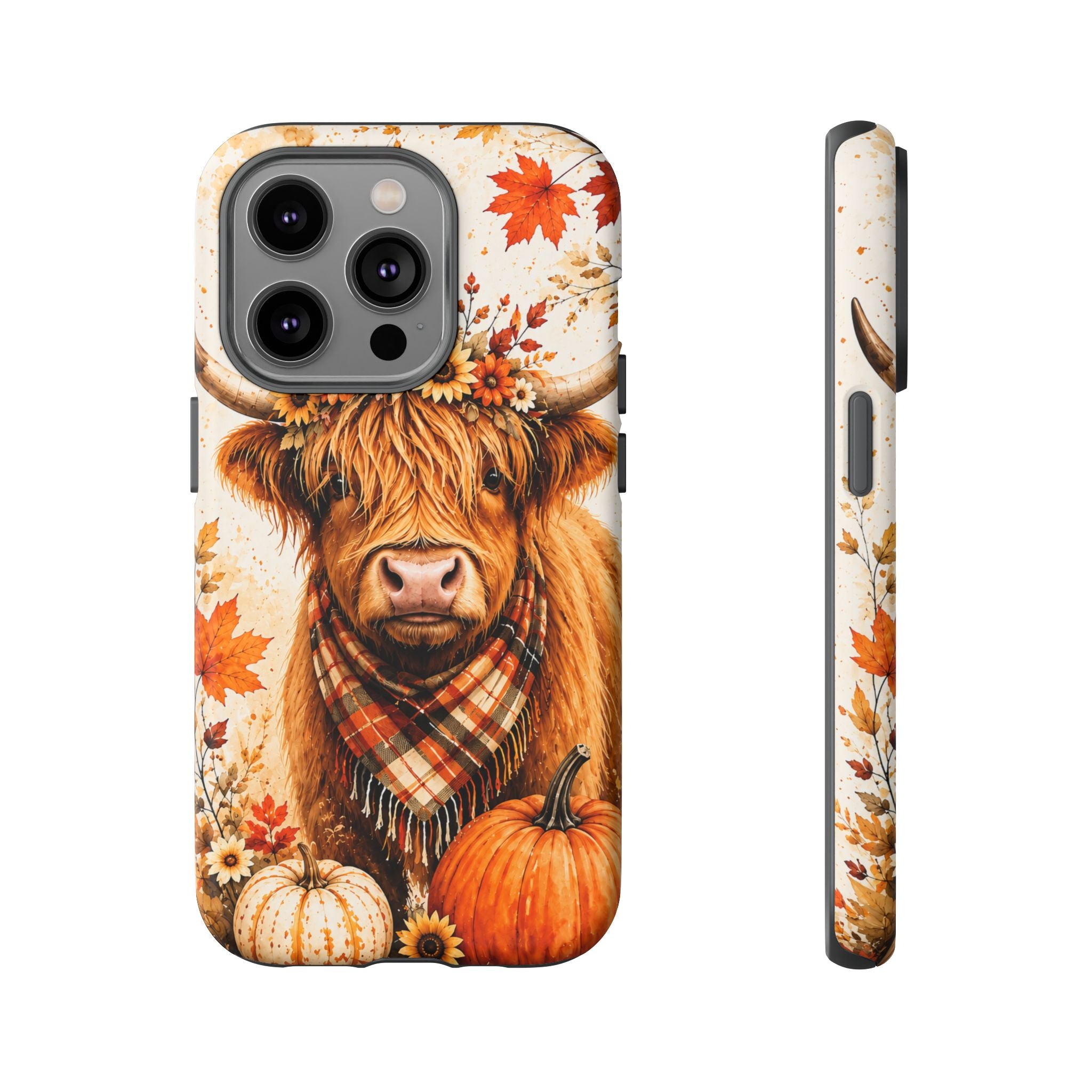 Autumn Highland Cow Phone Case — Fall Pumpkin & Sunflower Tough Case