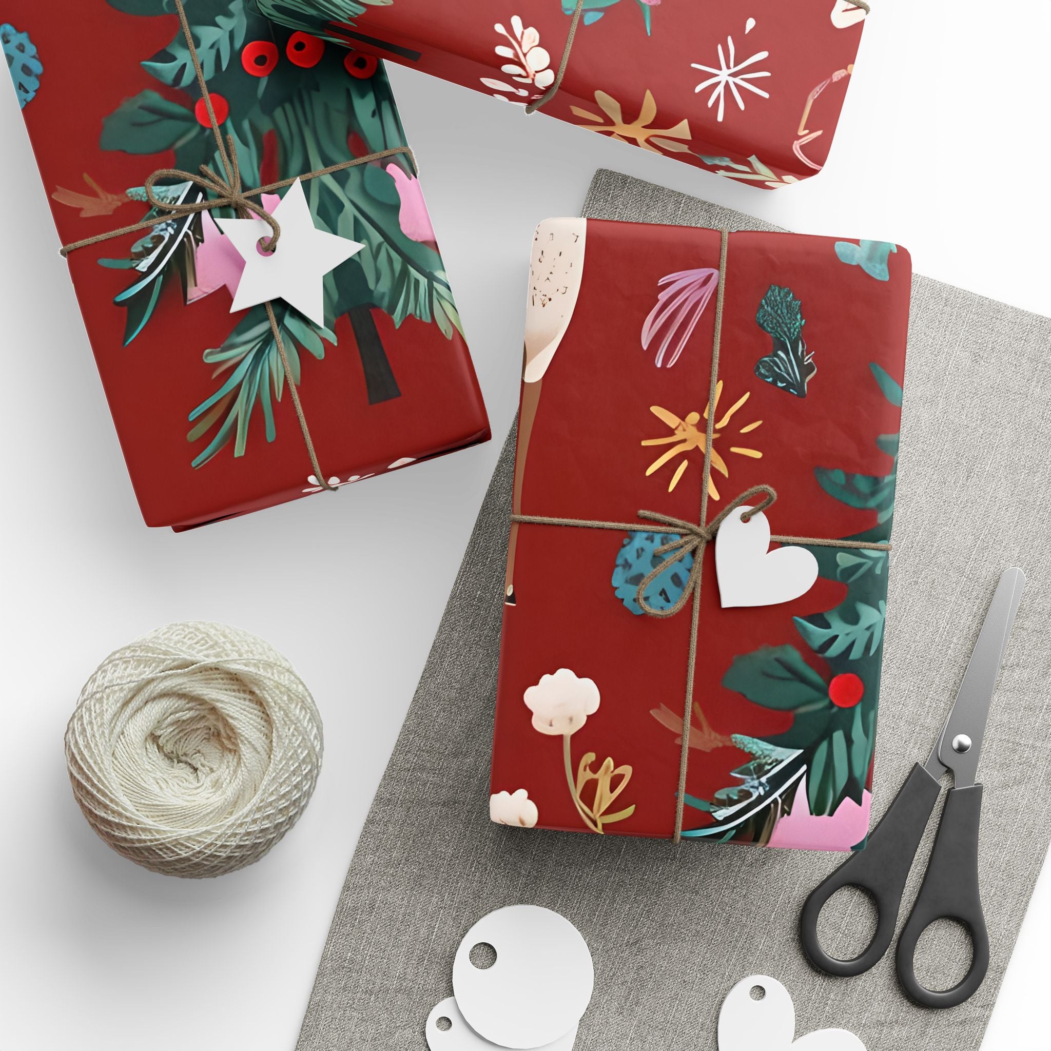 Christmas Reindeer Wrapping Paper Roll — Festive Red Holiday Gift Wrap with Trees & Ornaments