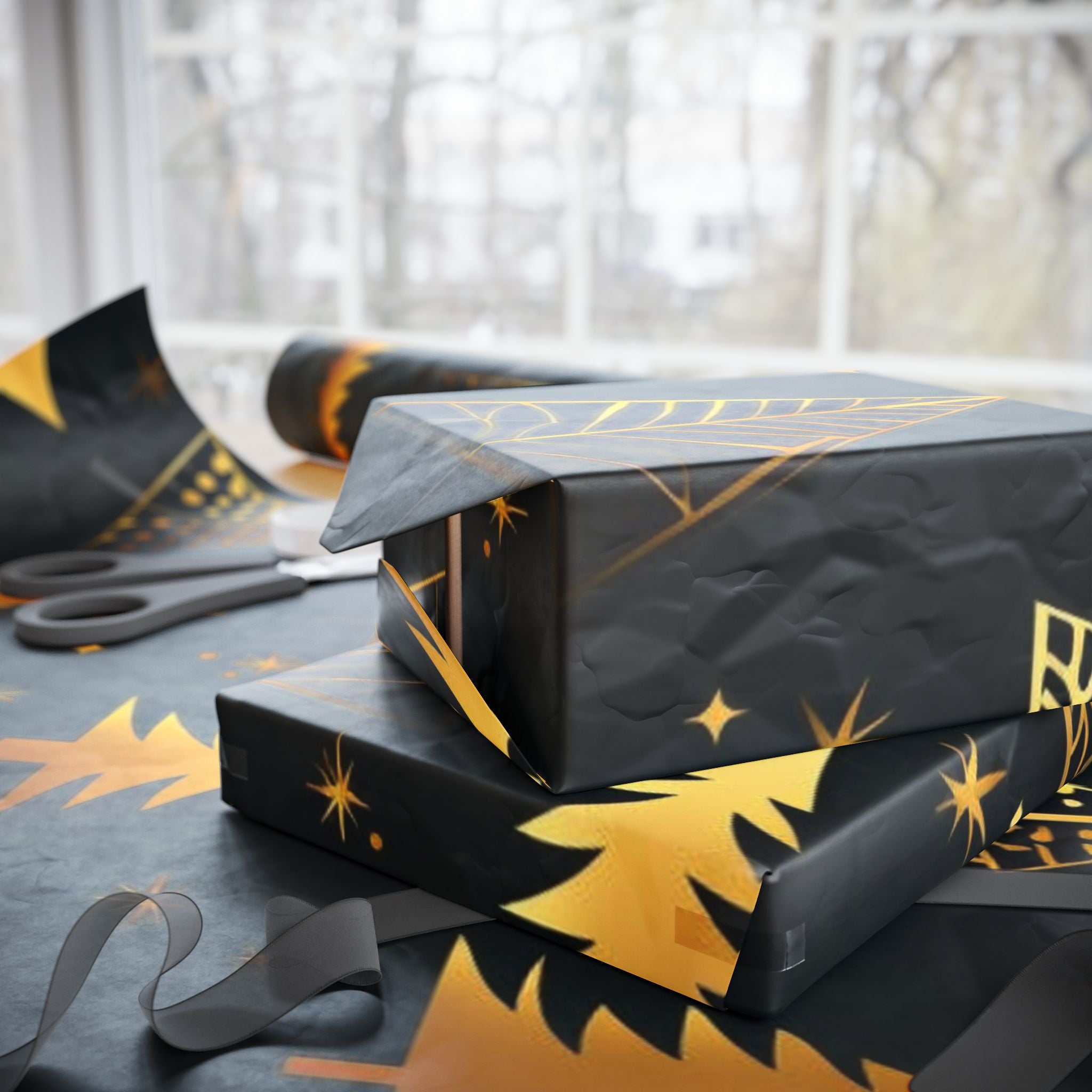 Gold Christmas Trees Wrapping Paper — Elegant Black & Gold Holiday Gift Wrap