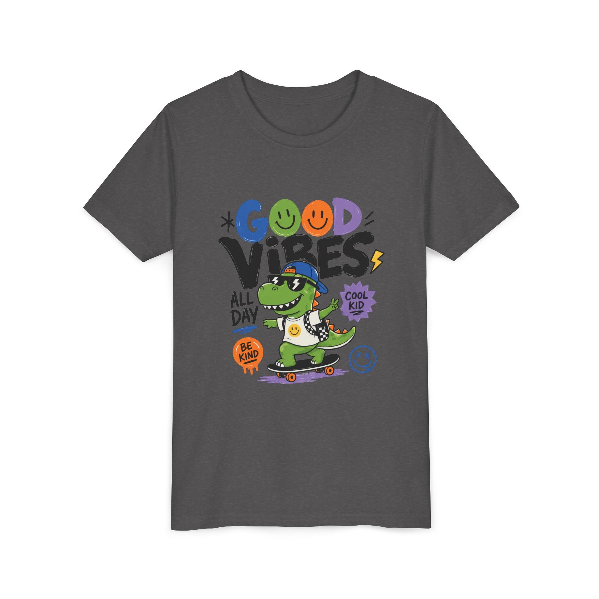 Good Vibes Skate Dino Youth Tee – Cool Kid Graphic Shirt