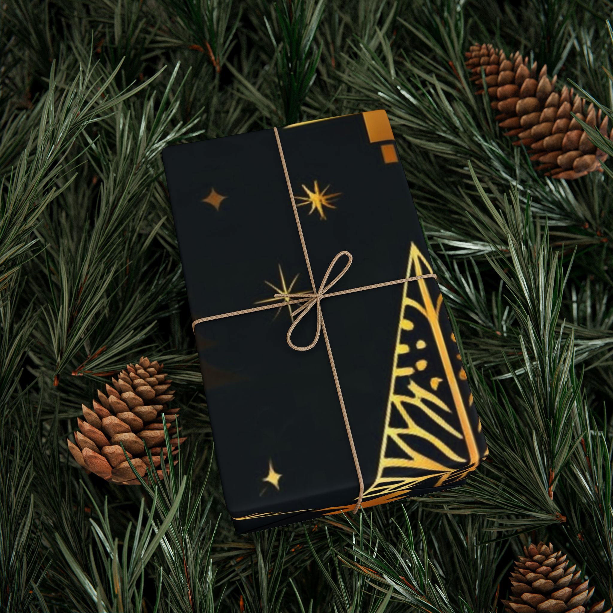 Gold Christmas Trees Wrapping Paper — Elegant Black & Gold Holiday Gift Wrap