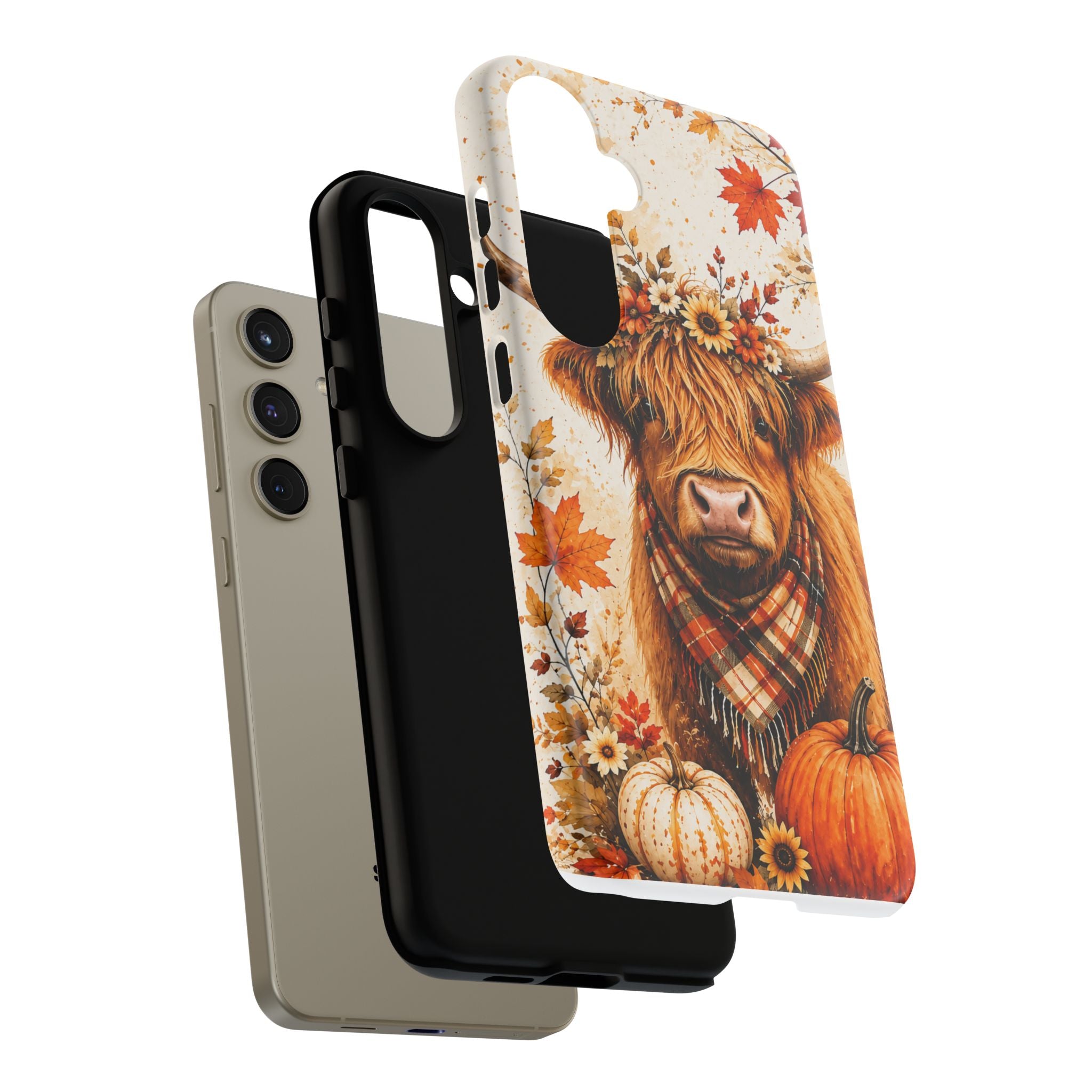 Autumn Highland Cow Phone Case — Fall Pumpkin & Sunflower Tough Case