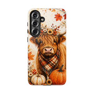 Autumn Highland Cow Phone Case — Fall Pumpkin & Sunflower Tough Case
