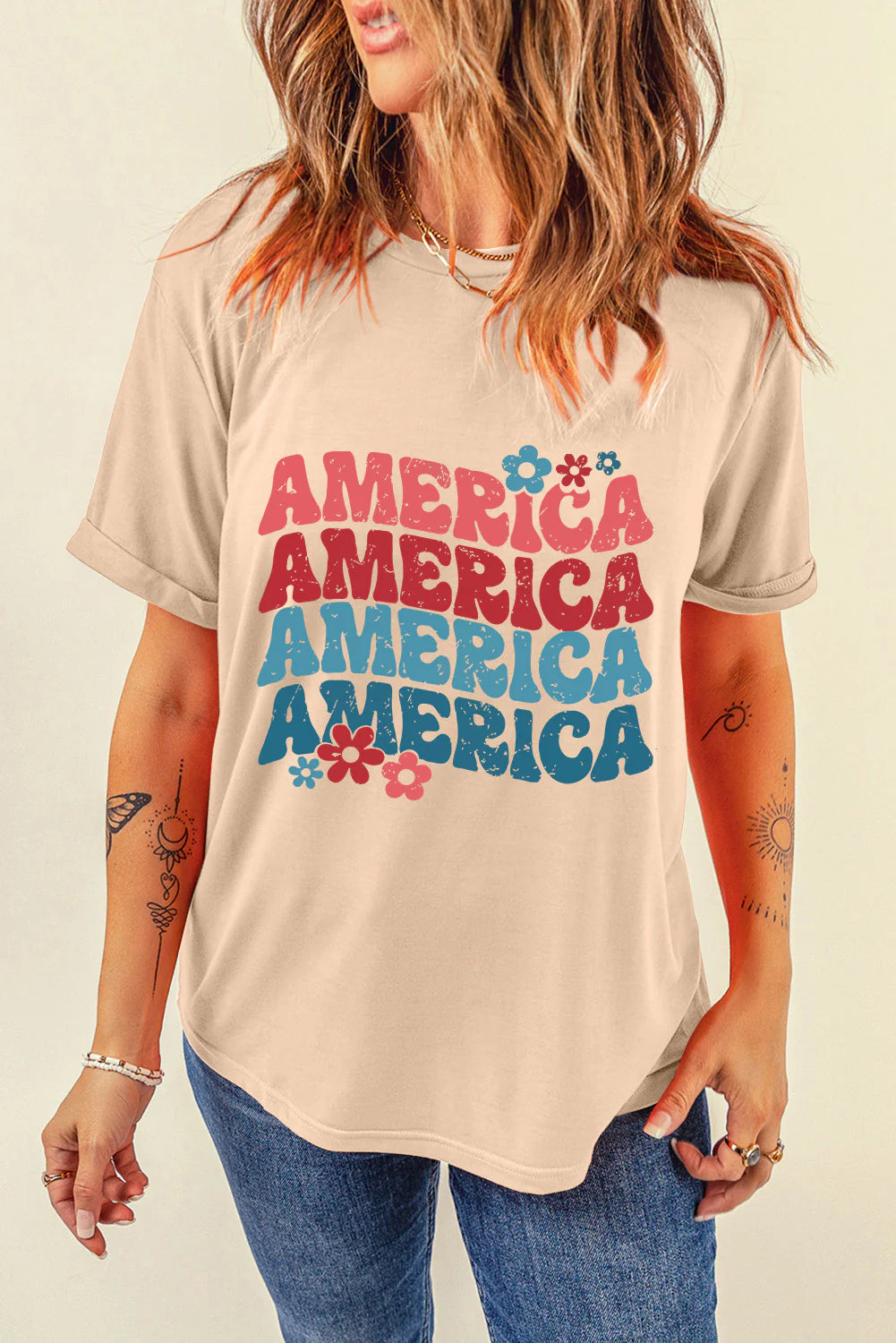 AMERICA round Neck Short Sleeve T-Shirt