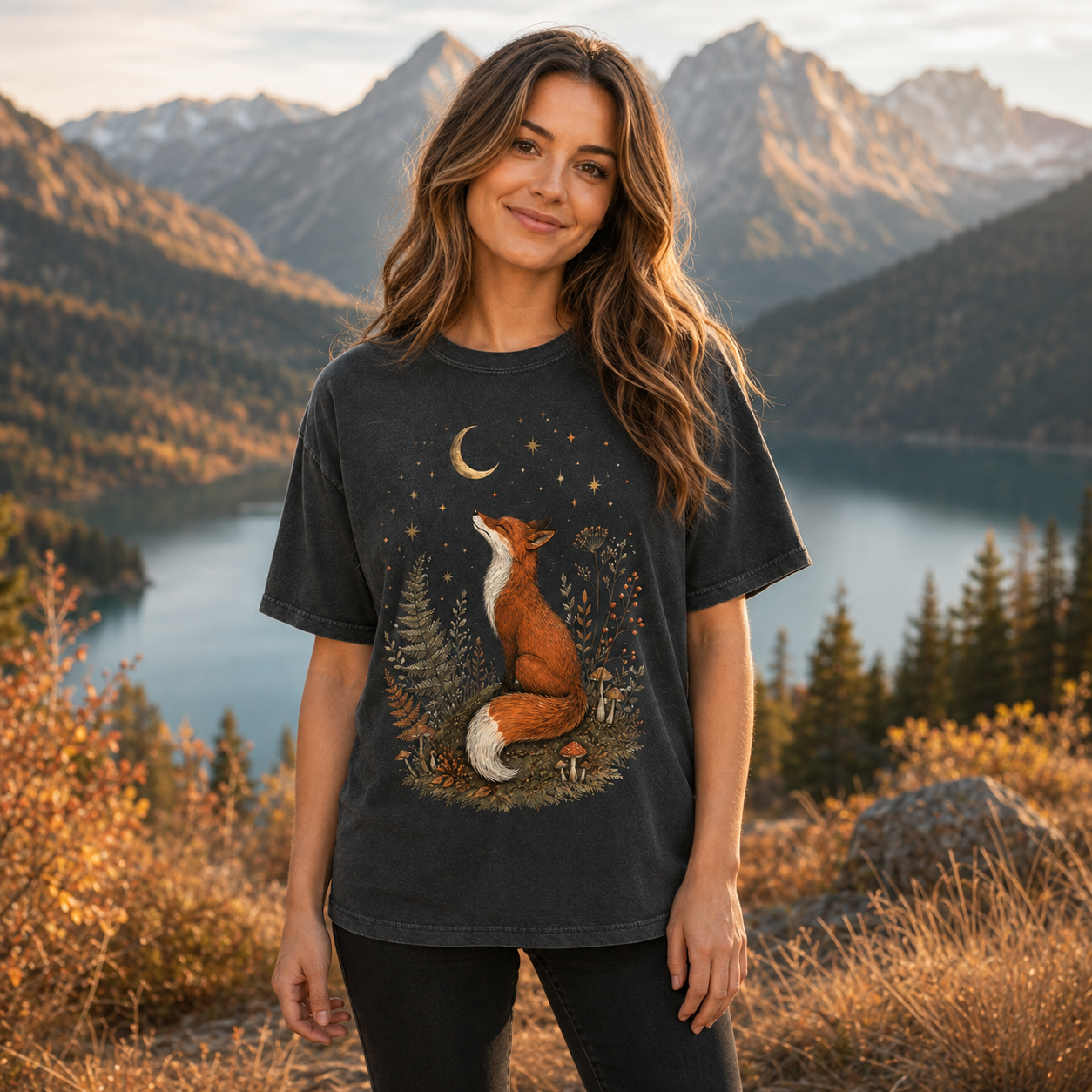 Fox Moon T-Shirt — Whimsical Night Forest Graphic Tee