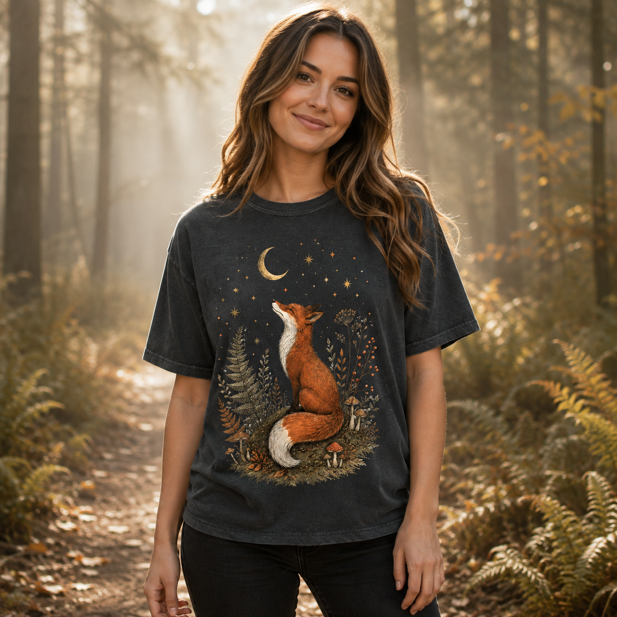 Fox Moon T-Shirt — Whimsical Night Forest Graphic Tee