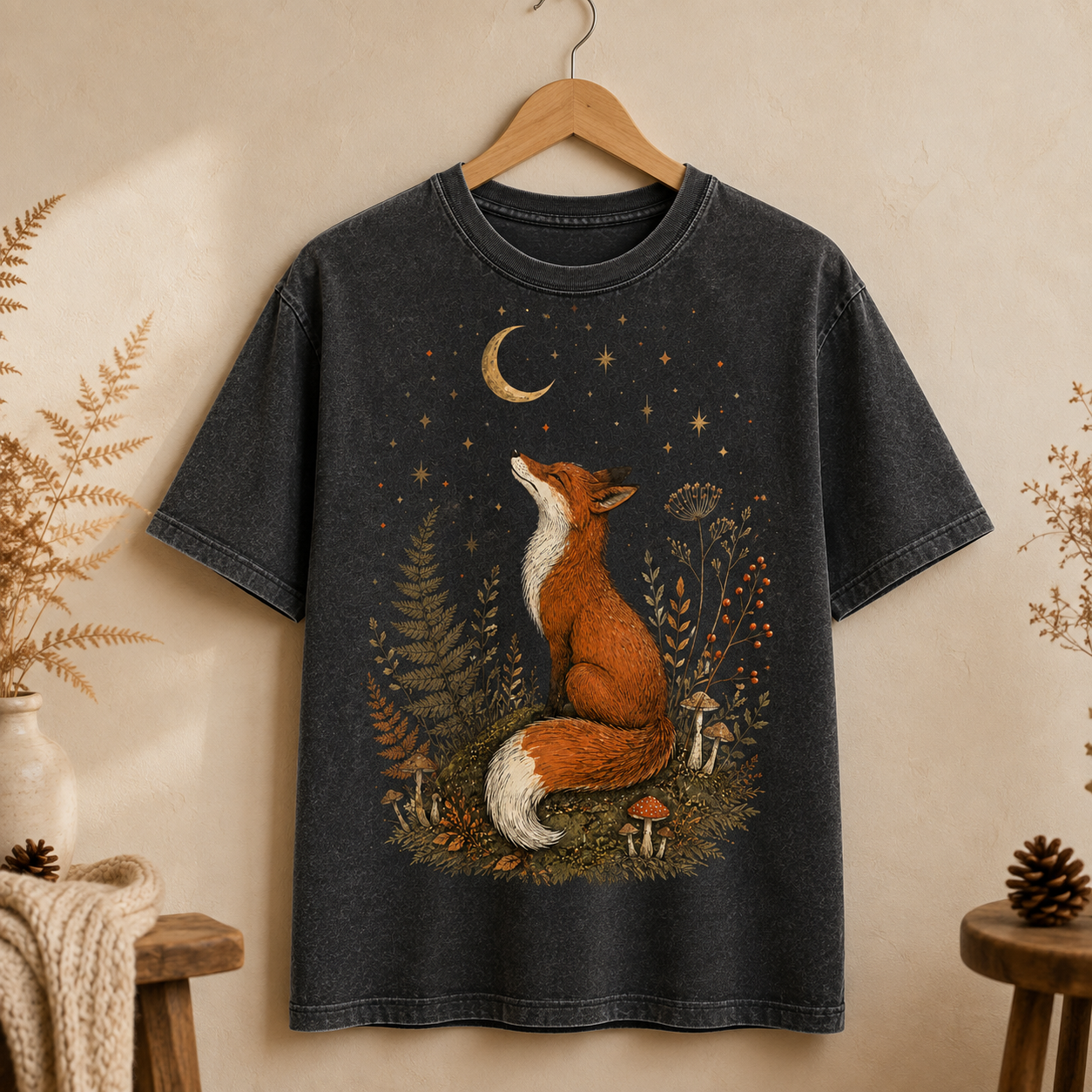 Fox Moon T-Shirt — Whimsical Night Forest Graphic Tee