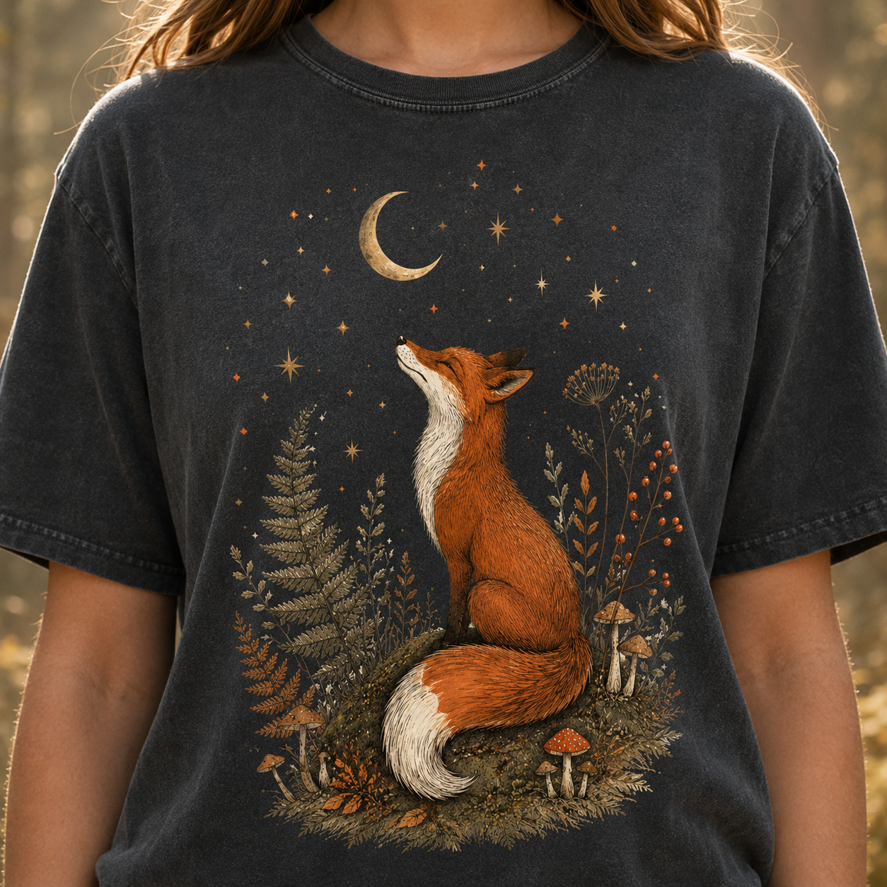 Fox Moon T-Shirt — Whimsical Night Forest Graphic Tee