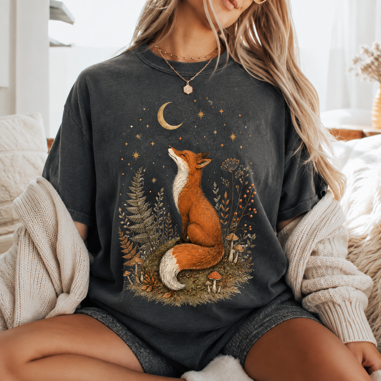 Fox Moon T-Shirt — Whimsical Night Forest Graphic Tee