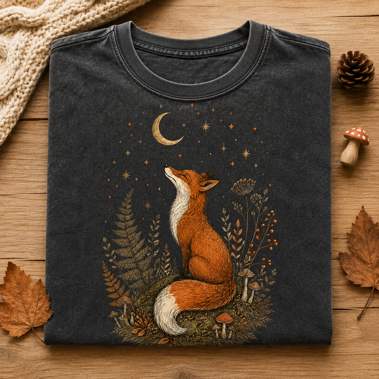 Fox Moon T-Shirt — Whimsical Night Forest Graphic Tee