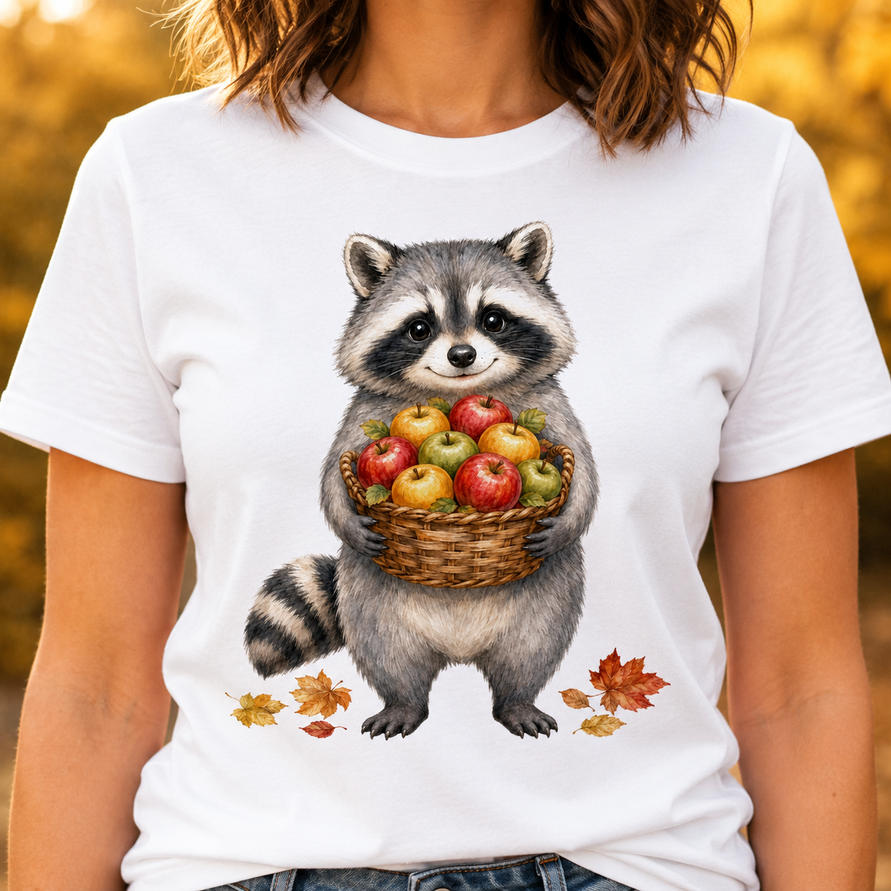 Raccoon Holding Apples T-Shirt — Cute Autumn Fall Harvest Tee