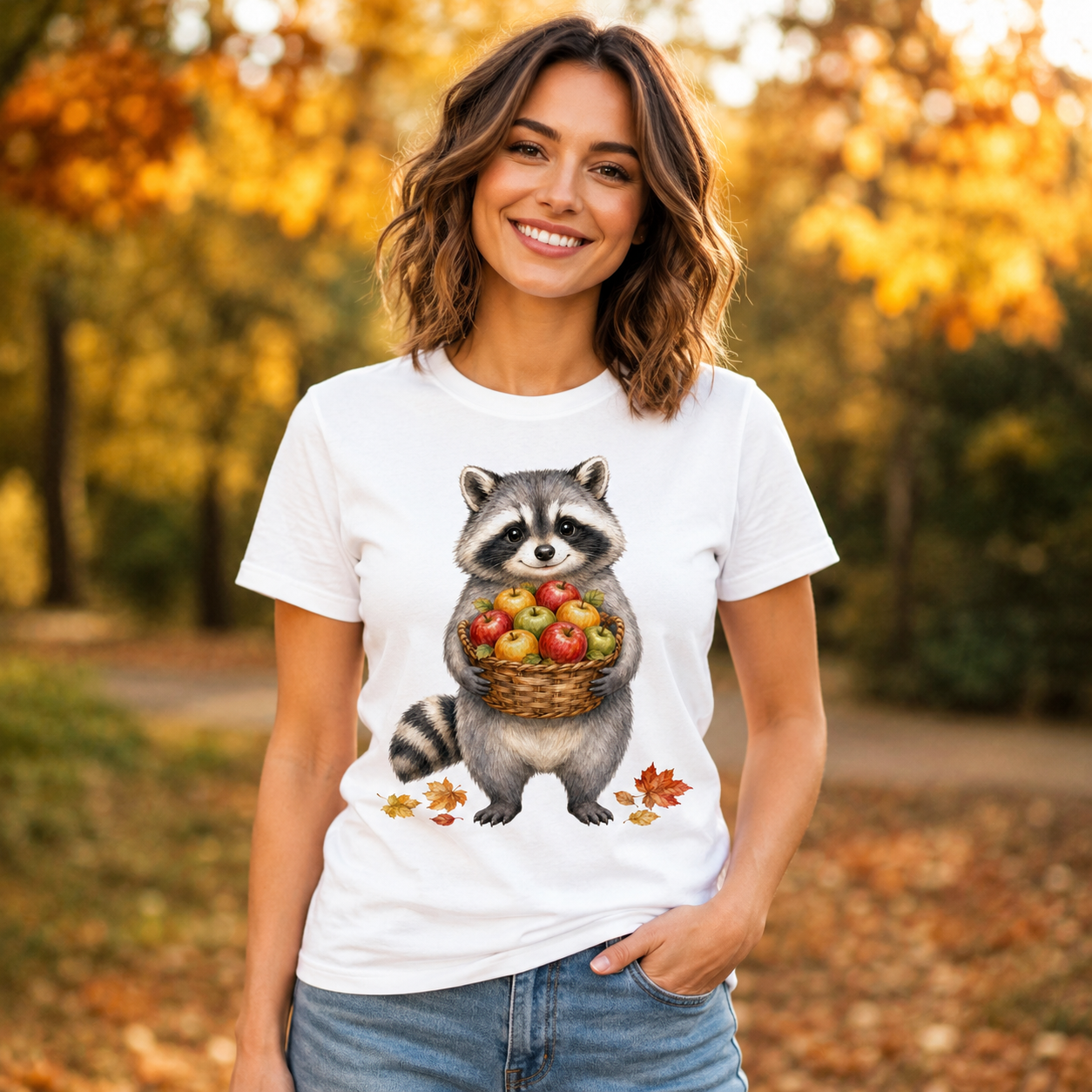 Raccoon Holding Apples T-Shirt — Cute Autumn Fall Harvest Tee
