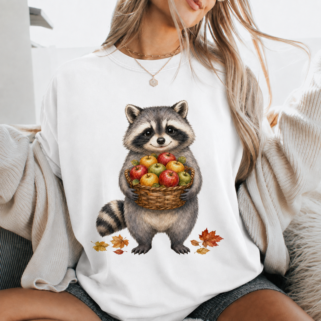 Raccoon Holding Apples T-Shirt — Cute Autumn Fall Harvest Tee