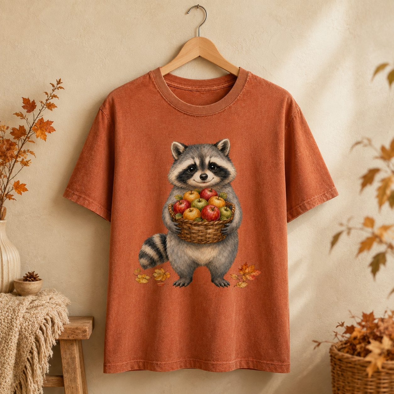 Raccoon Holding Apples T-Shirt — Cute Autumn Fall Harvest Tee