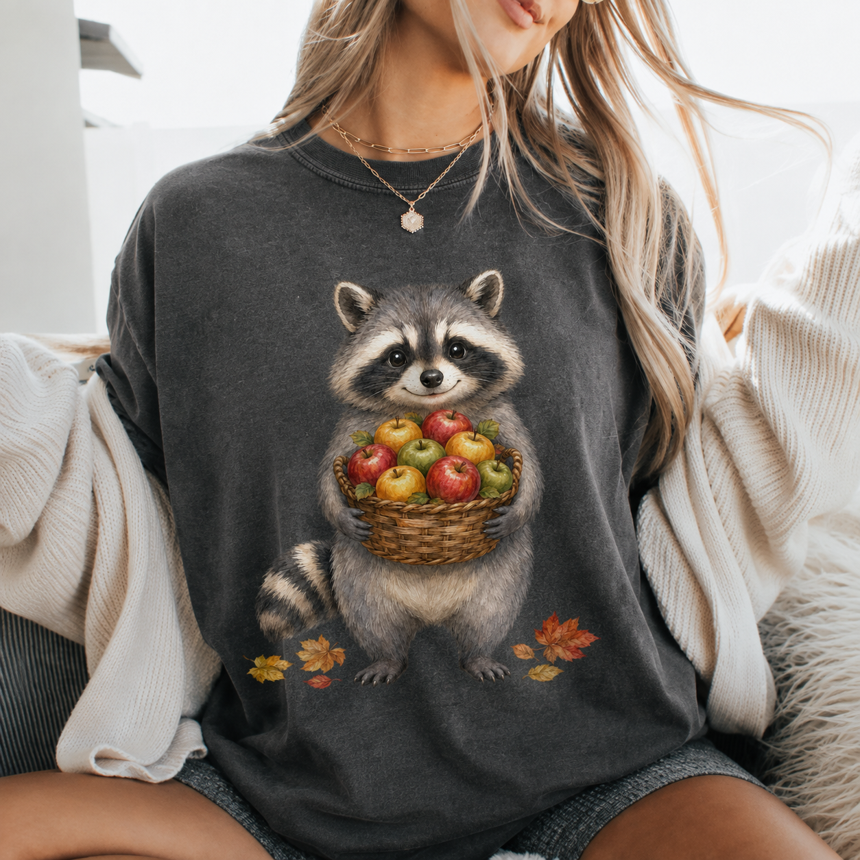 Raccoon Holding Apples T-Shirt — Cute Autumn Fall Harvest Tee