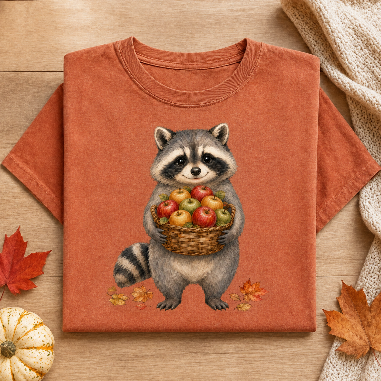 Raccoon Holding Apples T-Shirt — Cute Autumn Fall Harvest Tee