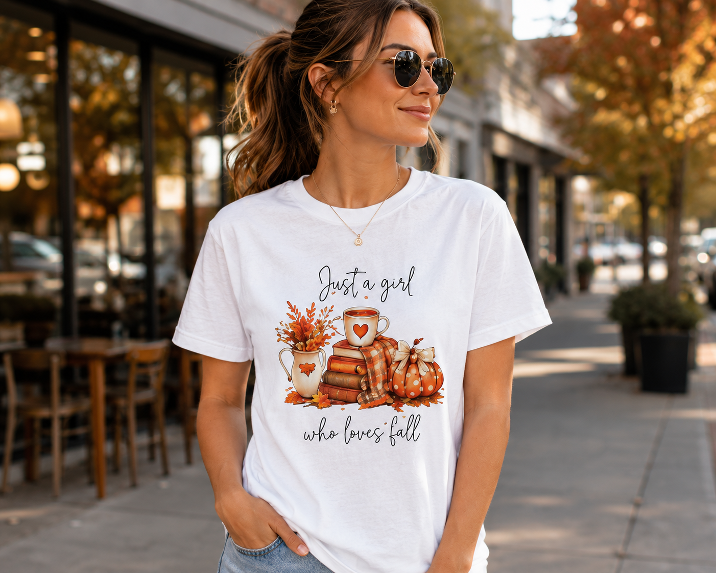 Fall Graphic T-Shirt — "Just a Girl Who Loves Fall" Cozy Pumpkin & Coffee Tee