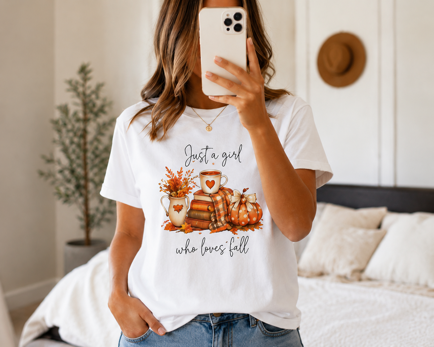 Fall Graphic T-Shirt — "Just a Girl Who Loves Fall" Cozy Pumpkin & Coffee Tee