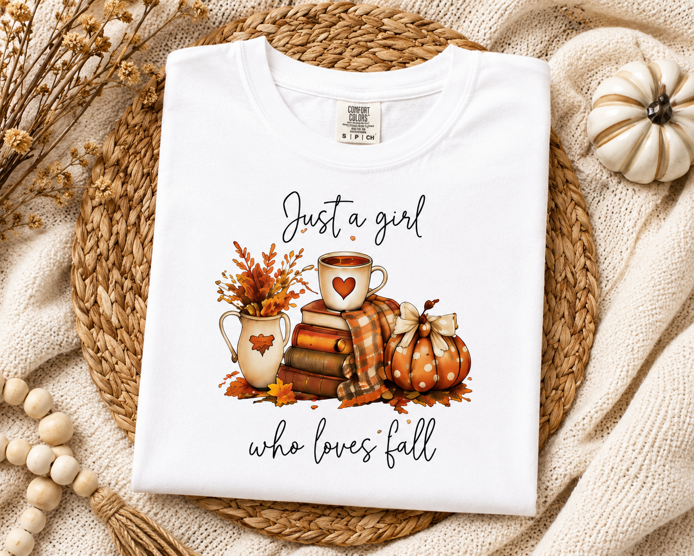 Fall Graphic T-Shirt — "Just a Girl Who Loves Fall" Cozy Pumpkin & Coffee Tee