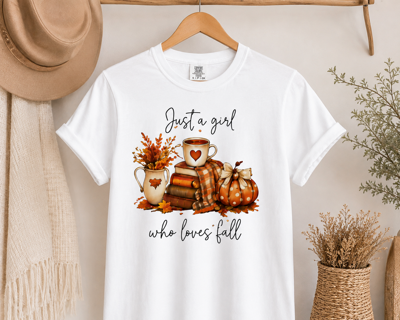 Fall Graphic T-Shirt — "Just a Girl Who Loves Fall" Cozy Pumpkin & Coffee Tee