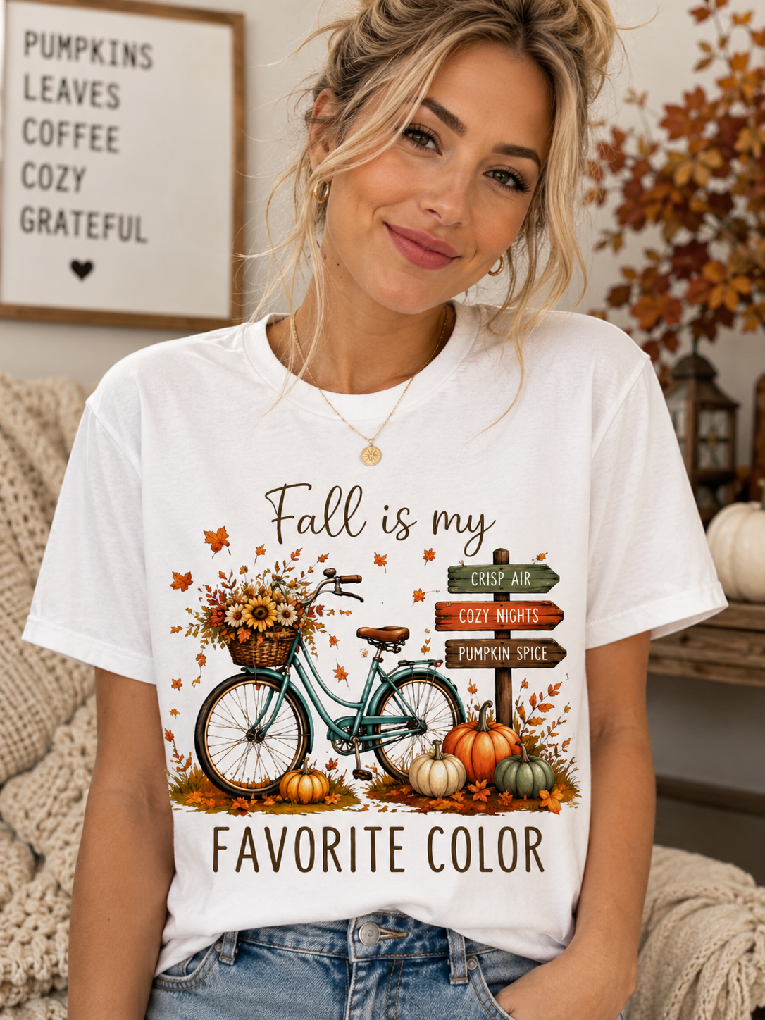 Fall Is My Favorite Color T-Shirt — Autumn Bike, Pumpkins & Cozy Signs