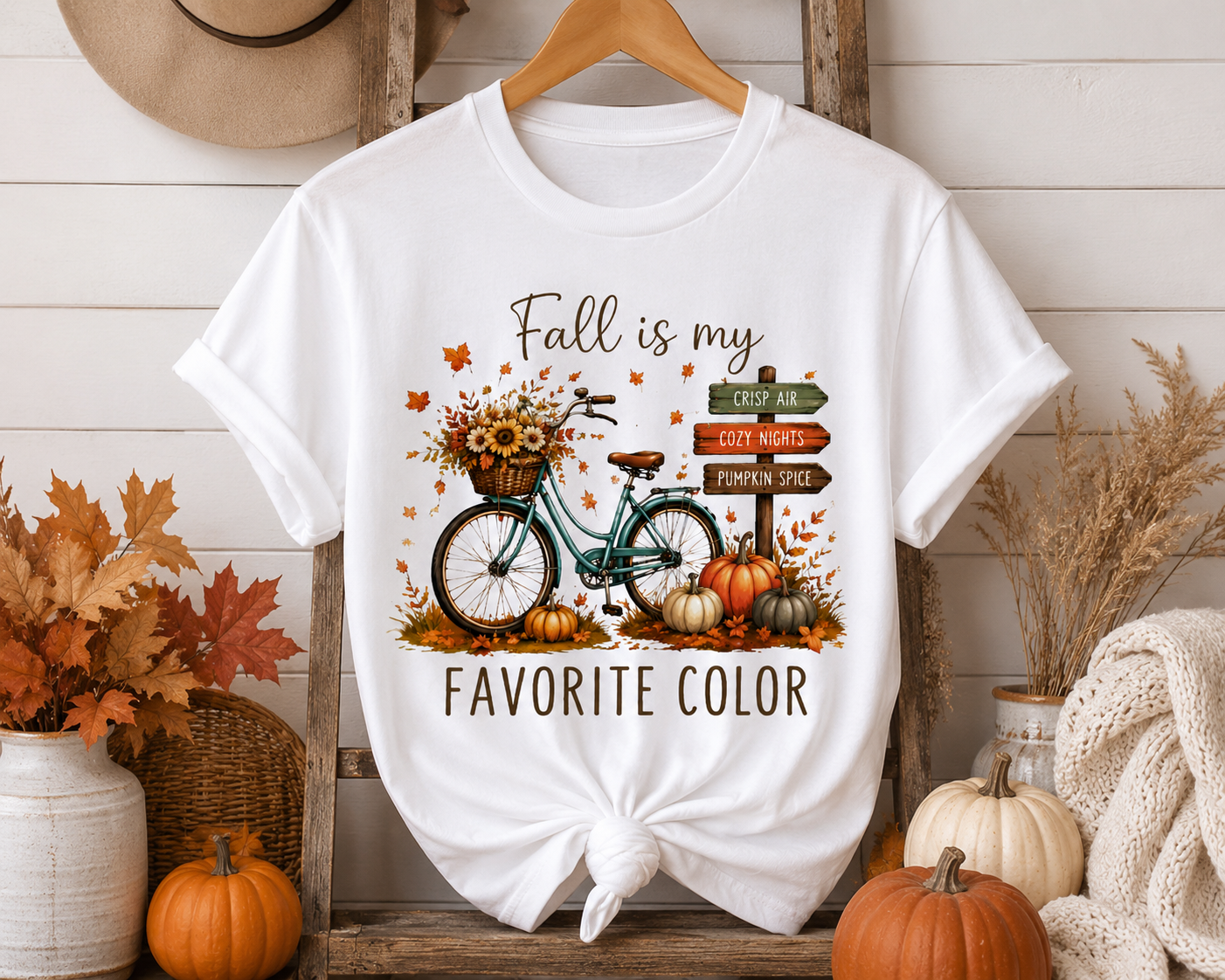 Fall Is My Favorite Color T-Shirt — Autumn Bike, Pumpkins & Cozy Signs
