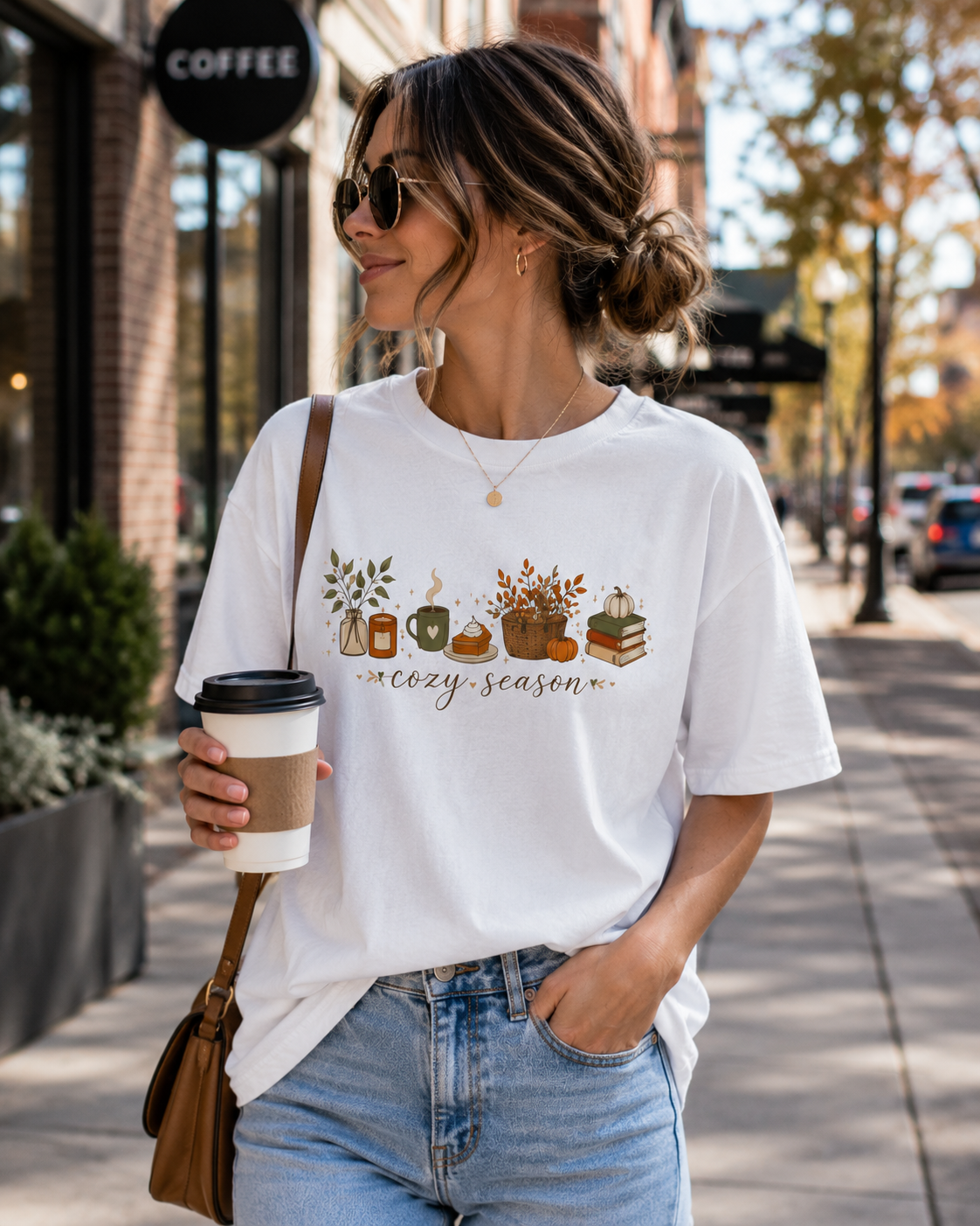 Cozy Season T-Shirt — Autumn Coffee, Pumpkins & Books Graphic Tee
