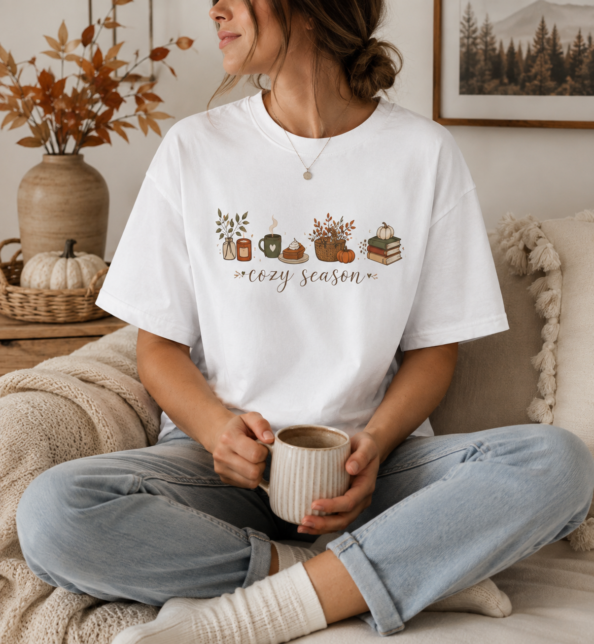 Cozy Season T-Shirt — Autumn Coffee, Pumpkins & Books Graphic Tee