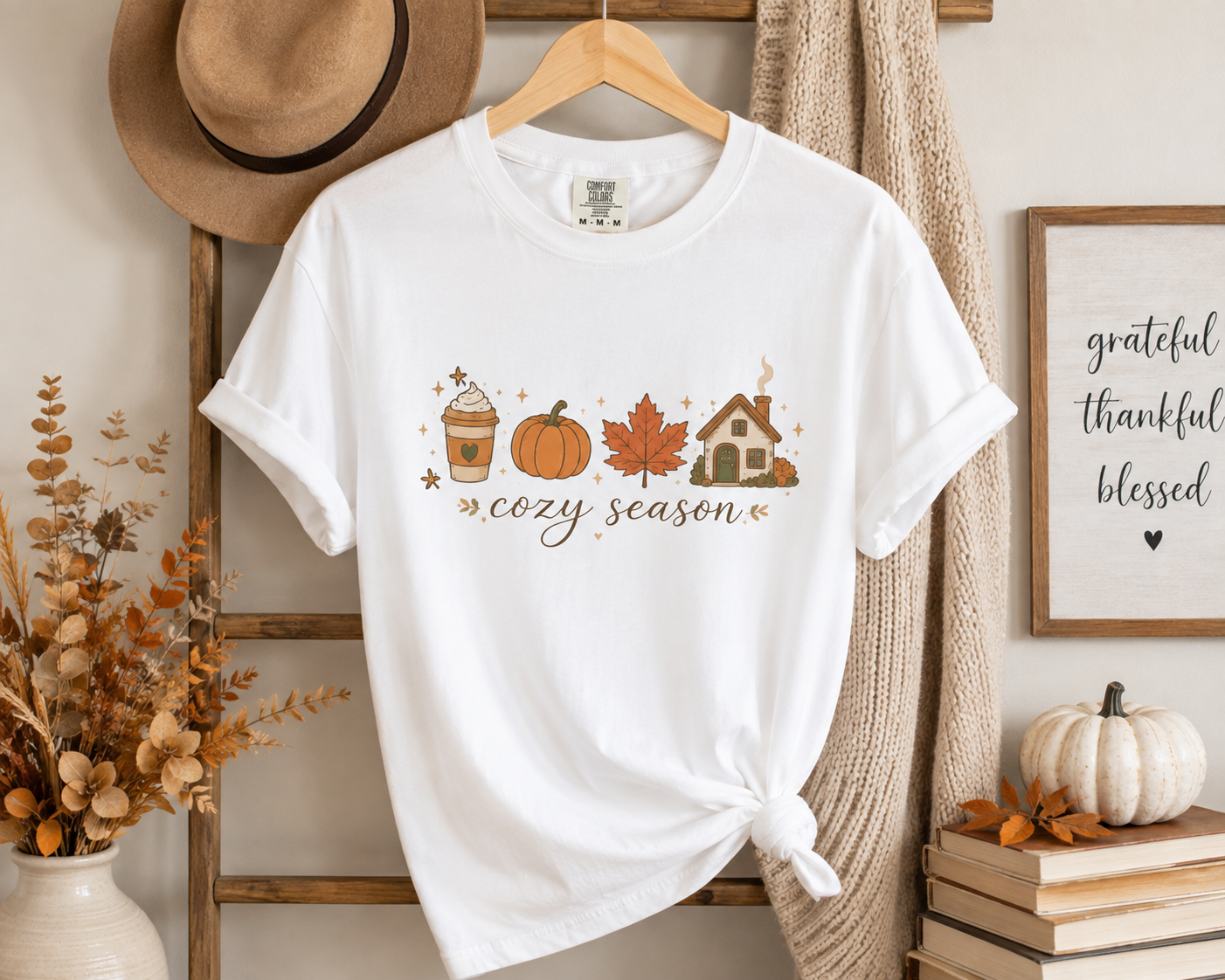 Cozy Season T-Shirt — Autumn Coffee, Pumpkins & Books Graphic Tee