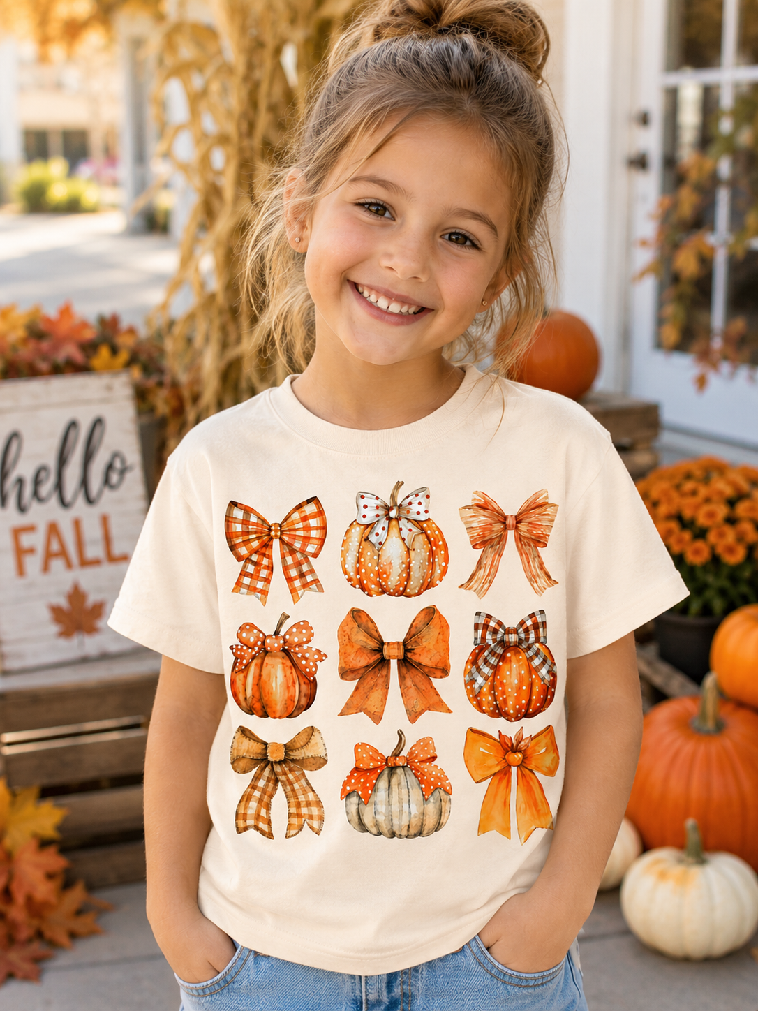 Kids Fall Pumpkin & Bows Tee – Autumn Harvest Youth Shirt