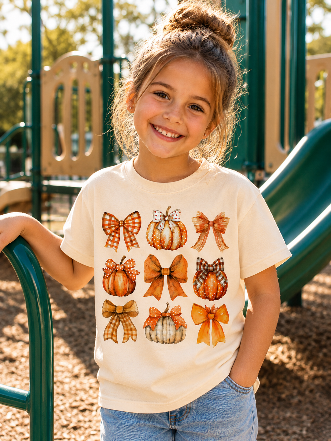 Kids Fall Pumpkin & Bows Tee – Autumn Harvest Youth Shirt