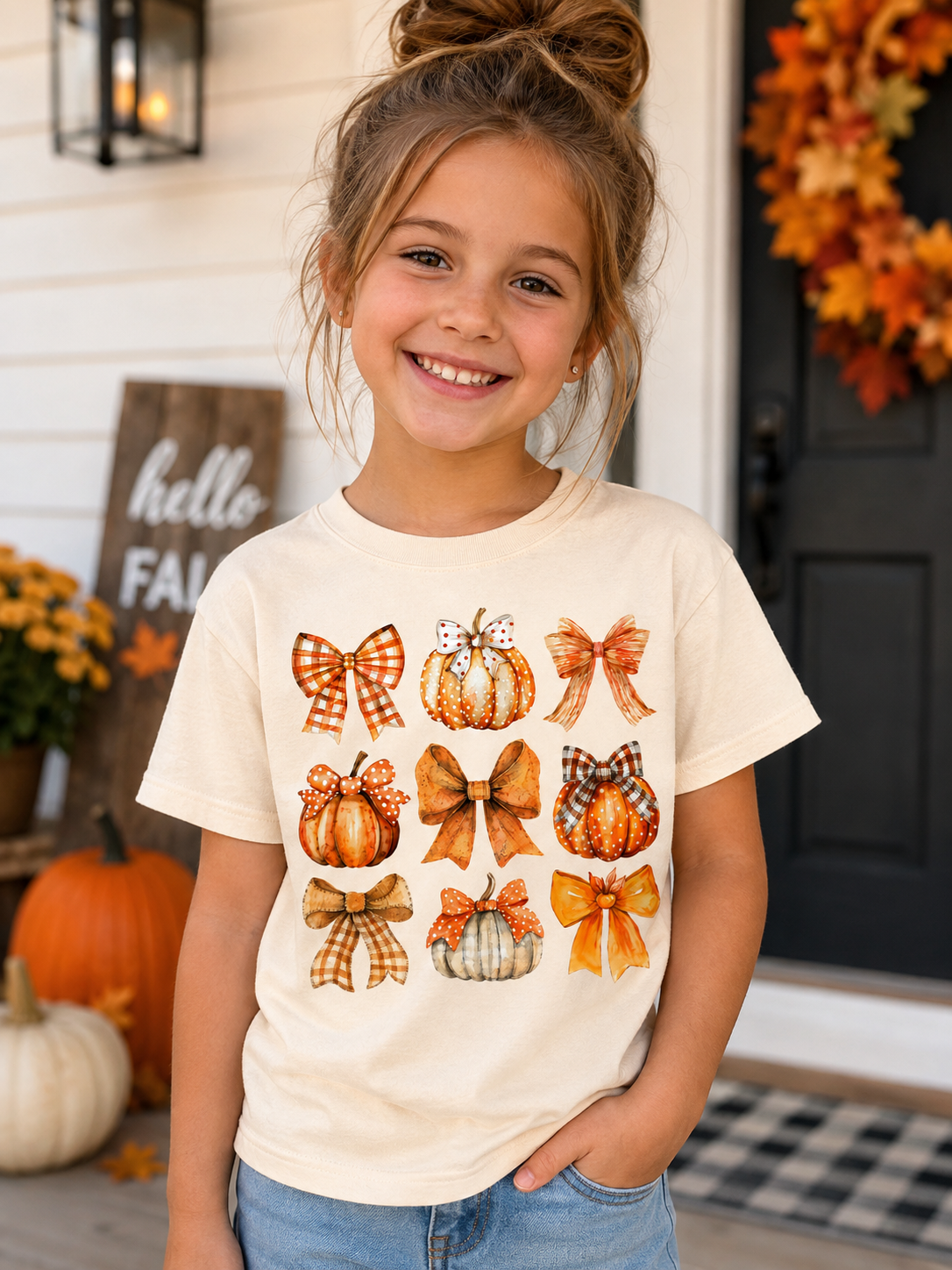 Kids Fall Pumpkin & Bows Tee – Autumn Harvest Youth Shirt