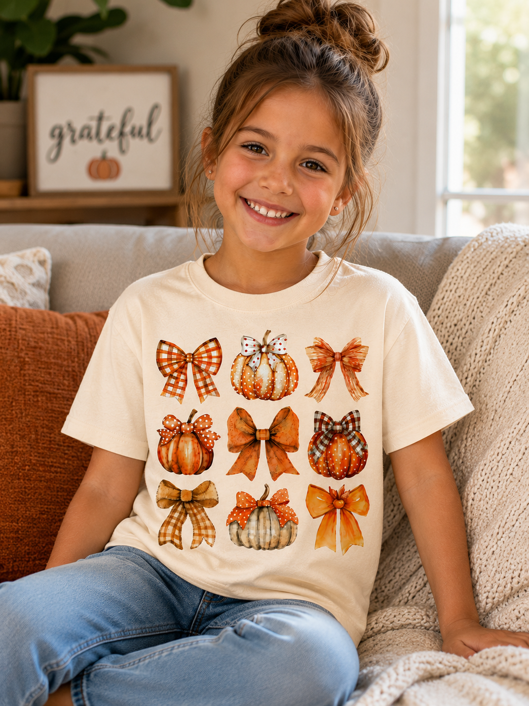 Kids Fall Pumpkin & Bows Tee – Autumn Harvest Youth Shirt