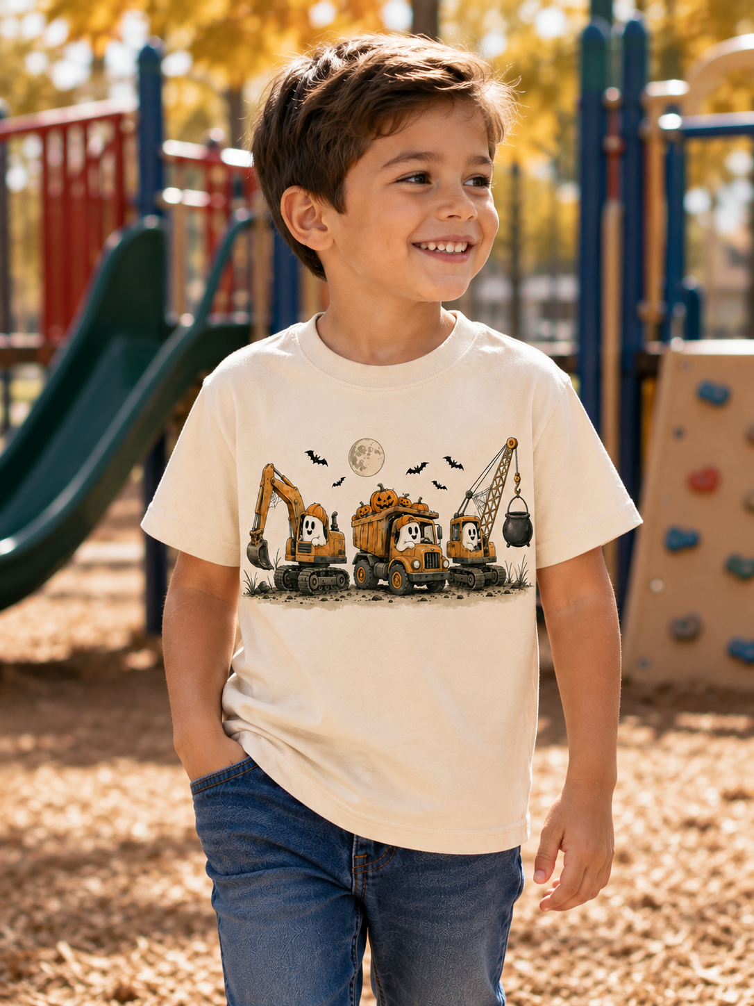 Construction Trucks Youth Tee - Excavator, Bulldozer & Crane Kids Shirt