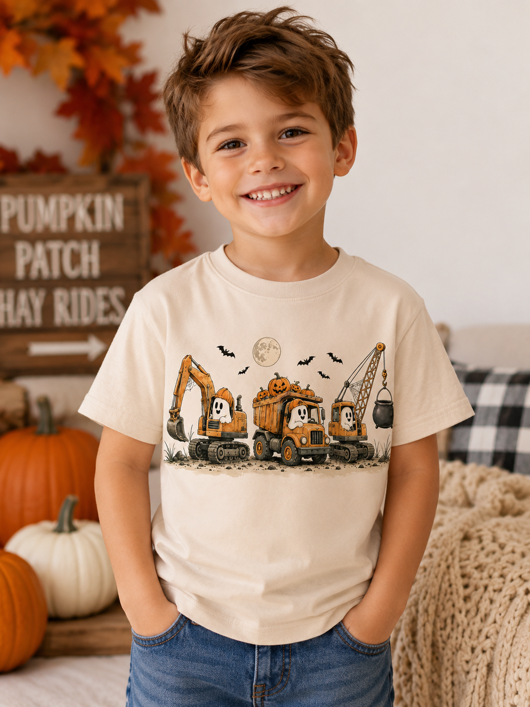 Construction Trucks Youth Tee - Excavator, Bulldozer & Crane Kids Shirt