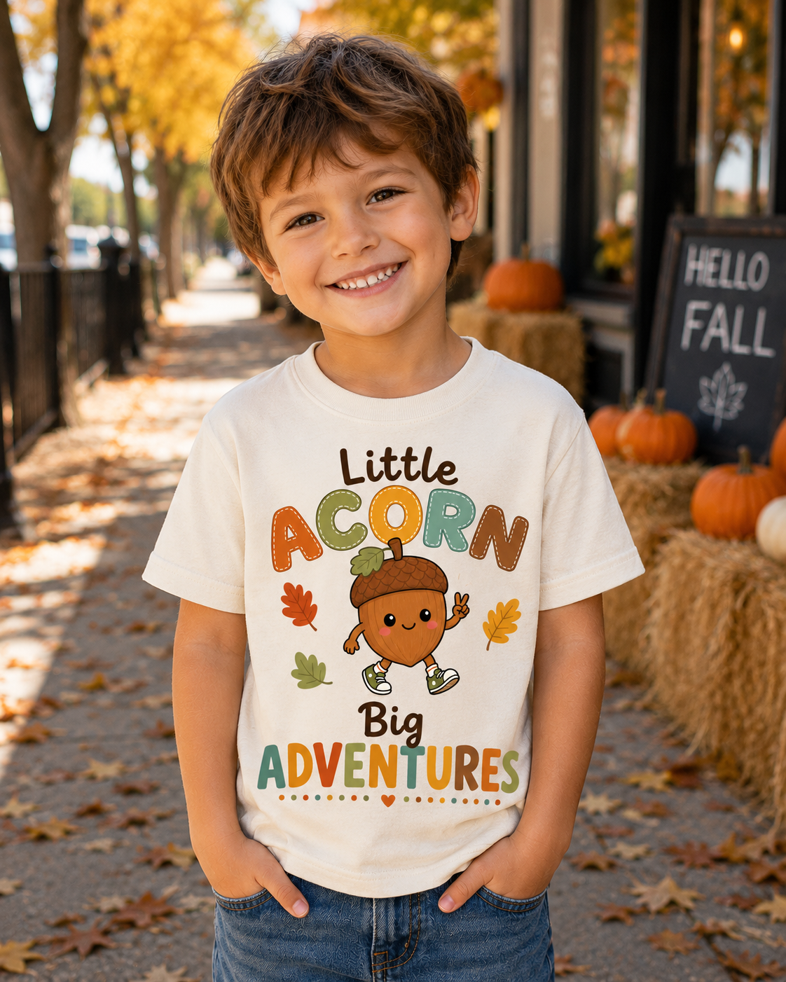 Youth Tee — "Little Acorn, Big Adventures" Fall Kids Shirt
