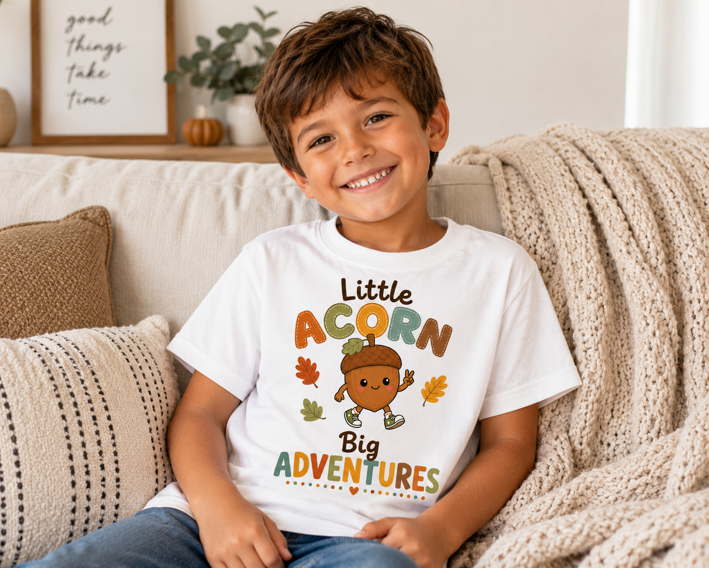Youth Tee — "Little Acorn, Big Adventures" Fall Kids Shirt
