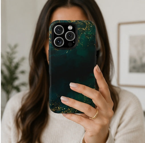 Emerald Marble Tough Phone Case — Dark Green & Gold Abstract Drop-Proof Cover