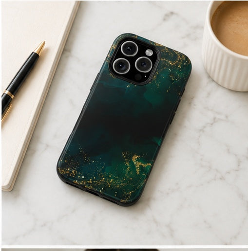 Emerald Marble Tough Phone Case — Dark Green & Gold Abstract Drop-Proof Cover
