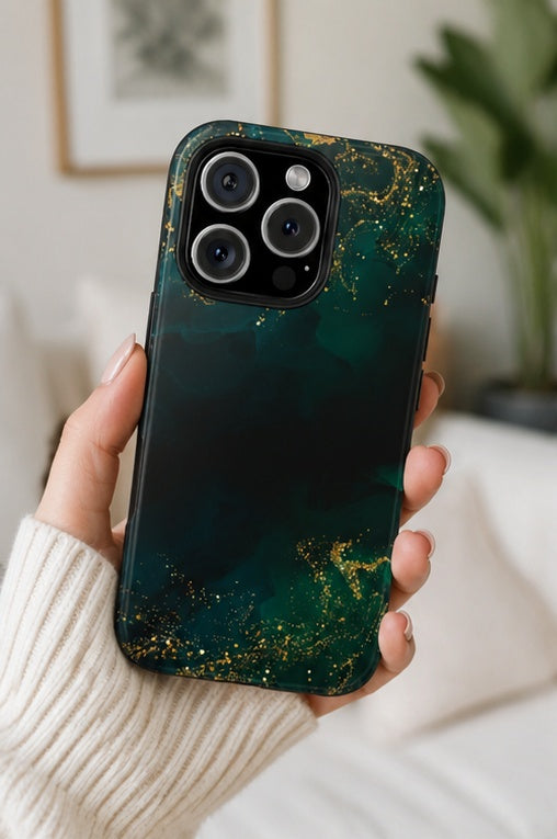 Emerald Marble Tough Phone Case — Dark Green & Gold Abstract Drop-Proof Cover