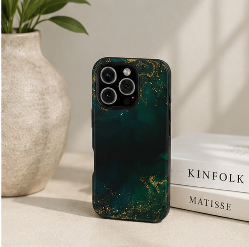 Emerald Marble Tough Phone Case — Dark Green & Gold Abstract Drop-Proof Cover