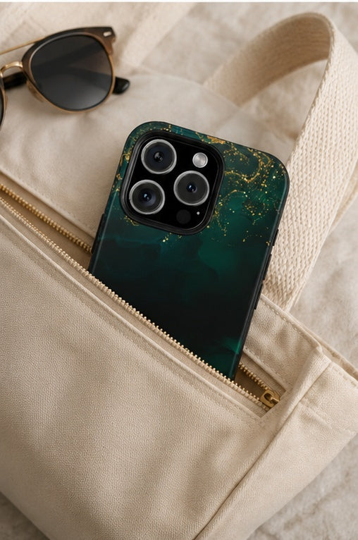 Emerald Marble Tough Phone Case — Dark Green & Gold Abstract Drop-Proof Cover